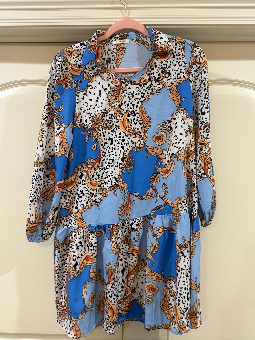 Blue Baroque Print Long Sleeve Tiered Dress small